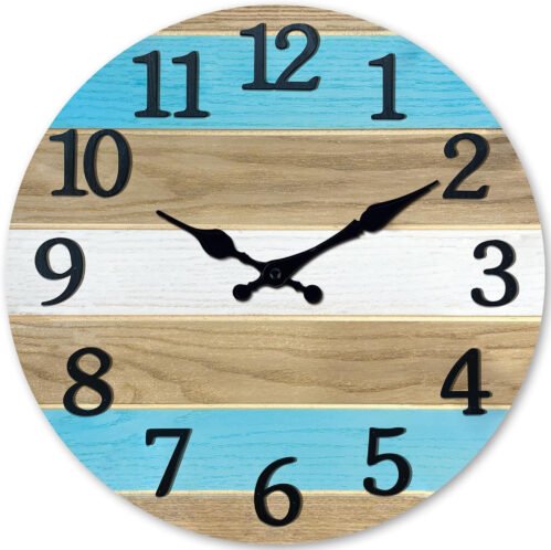Solid Wood Wall Clocks Battery Operated 12 Inch Blue Rustic Wall Clocks for Livi