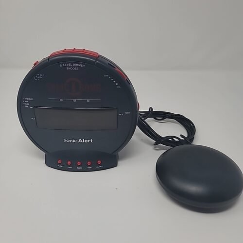 Sonic Alert No Power Cord Alarm Clock with Vibrating Bed Shaker Black Red Tested