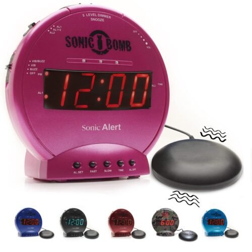 Sonic Bomb Dual Alarm Clock with Bed Shaker, Pink | Sonic Alert Vibrating Alarm