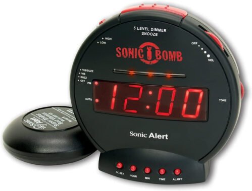 Sonic Bomb Dual Extra Loud Alarm Clock with Bed Shaker, Black | Vibrating, Heav