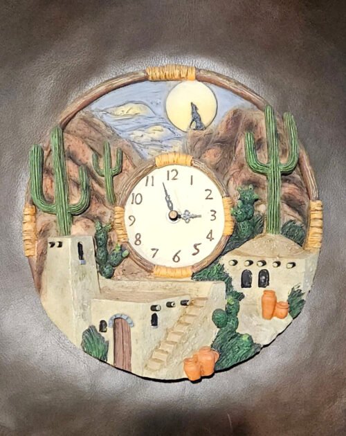 Southwestern Pueblo Adobe House Quartz Wall Clock tested Works 3D Wolf Full Moon
