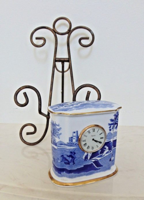 SPODE BATTERY MANTLE CLOCK-BLUE & WHITE-GOLD TRIM-3 1/2" x "4" x 2"-beautiful