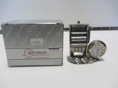 SPOONTIQUES PEWTER #7123 DESK CLOCK SLOT MACHINE JACKPOT 3-1/4" TALL