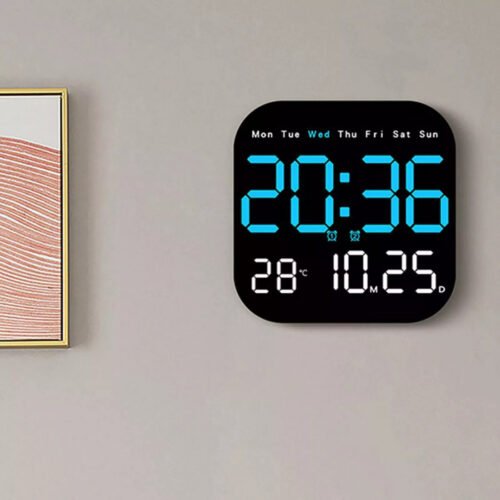 Square LED Large Digital Wall Clock Remote Control Temperature Date Week Display