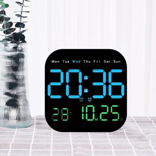 Square LED Large Digital Wall Clock Remote Control Temperature Date Week Display