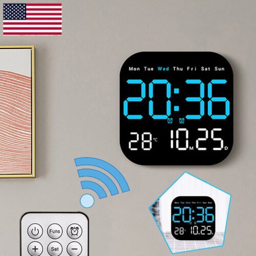Square LED Large Digital Wall Clock Remote Control Temperature Date Week Display