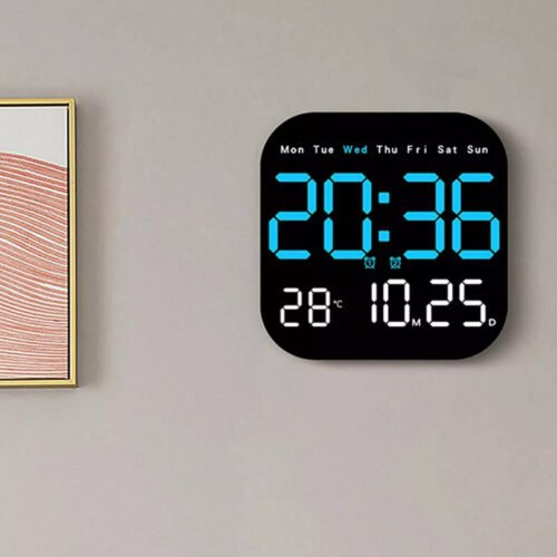 Square LED Large Digital Wall Clock Remote Control Temperature Date Week Display