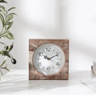 Square Modern Farmhouse Tan Wood and Metal Table Clock