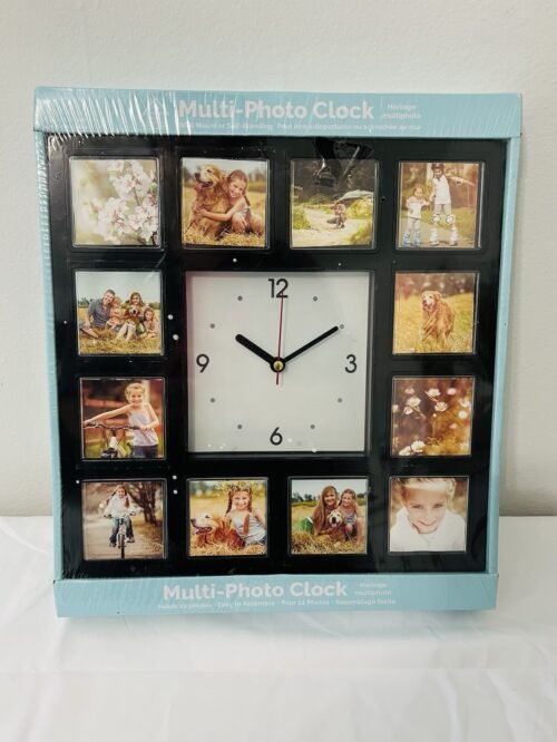 Square Personalized Multi Photo Analog Clock Holds 12 (2x2) Photos Wall Mounted