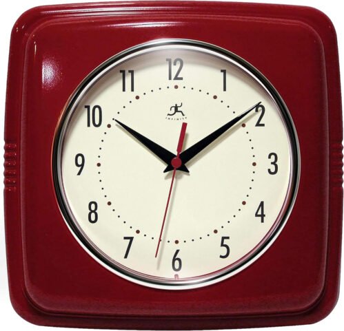 Square Silent Retro Red Wall Mount Clock for Kitchen Dining Living Kids Bedroom