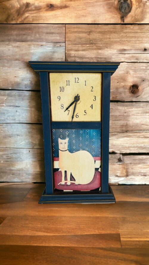 S S Tappin Designs Folk Art Cat Prim Wooden Mantle Table Clock Battery Operated