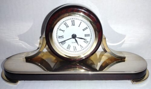 Star Desk or Mantel Quartz Clock Brass and Wood 8" Wide 3.75" High