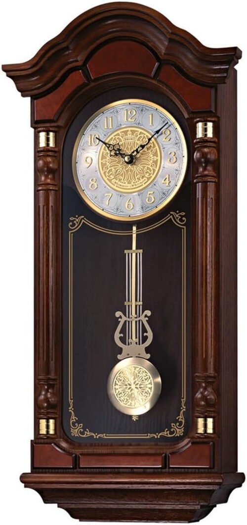 Stately Dark Brown Solid Oak Case Wall Clock with Pendulum and Chime