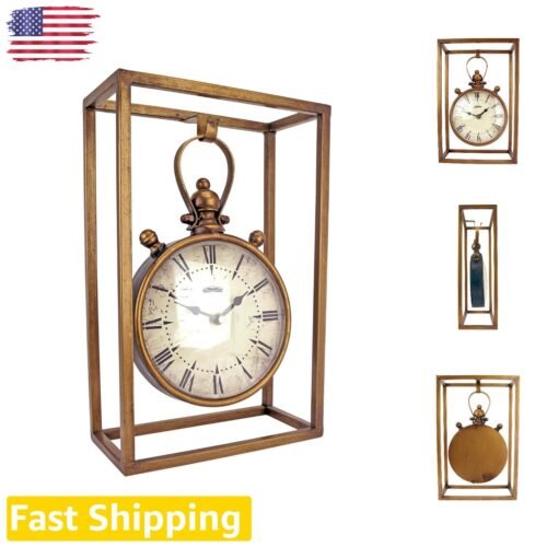 Steampunk Industrial Style Mantel Clock 13 Inch, Metalware, Brass Finish