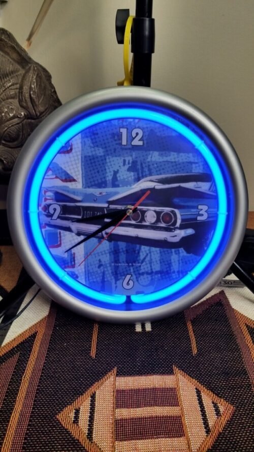 Sterling & Noble 11" Round Electric Blue Neon 60's Chevy Impala Rear Wall Clock