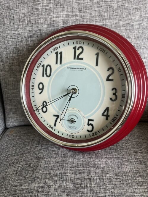 Sterling & Noble Clock Co. Wall Clock Retro Style Red & Chrome Diner, #9, 11 3/4