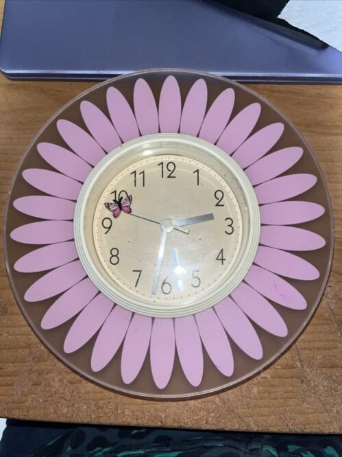 Sterling & Noble Pink Flower Wall Clock Butterfly Hand Battery Analog WORKS