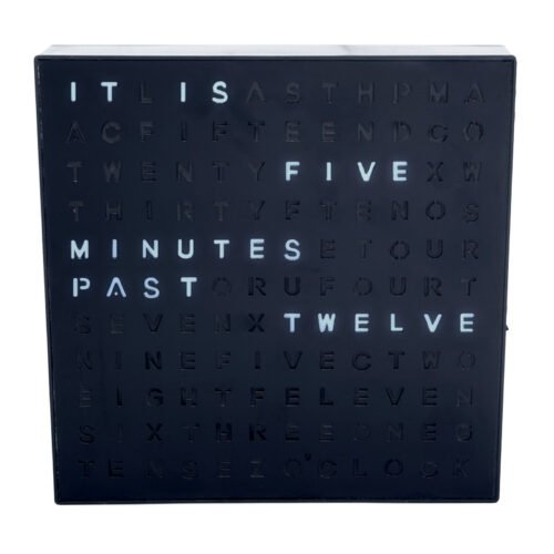 Stiles Light Up Word Clock, 8x8 Inches, Modern Black Desk Clock with Cable