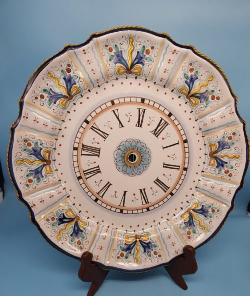 stoneware pottery wall clock vintage White Blue Green Yellow