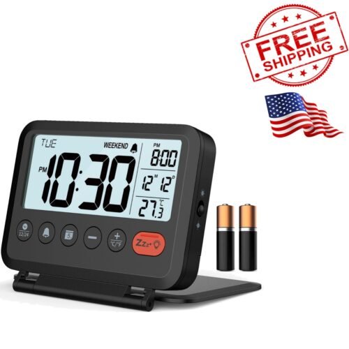 Stylish Digital Travel Alarm Clock - 3.54" LCD, 9-Minute Snooze & Battery Inc...