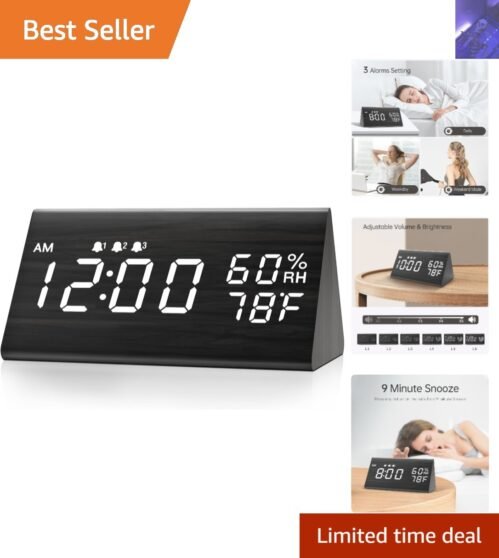 Stylish Wooden LED Alarm Clock with Temperature & Humidity Sensor – Black