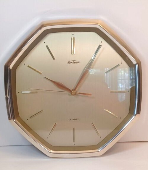 Sunbeam Quartz Wall Clock Gold Tone Octagon with 2nd Hand WORKS