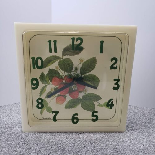 Sunbeam Vintage Strawberry Square Plastic Quartz Wall Clock Off White 10.25 in