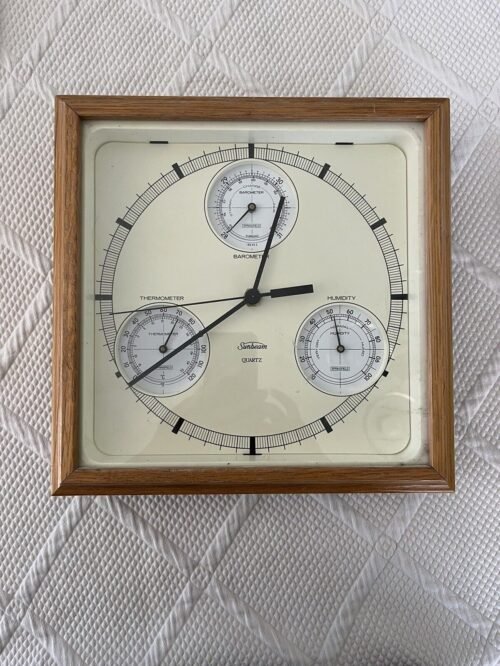 Sunbeam Wall Clock Humidity Barometer Thermometer Quartz Wood Frame (Refinish*)