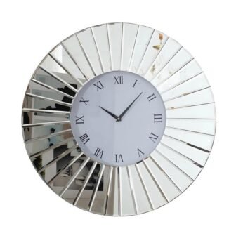 Sunburst Mirror Wall Clock, Silver, Roman Numerals, Mirrored Frame, Decorative Analog Clock