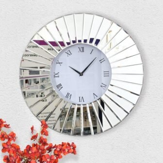 Sunburst Mirror Wall Clock, Silver, Roman Numerals, Mirrored Frame, Decorative Analog Clock