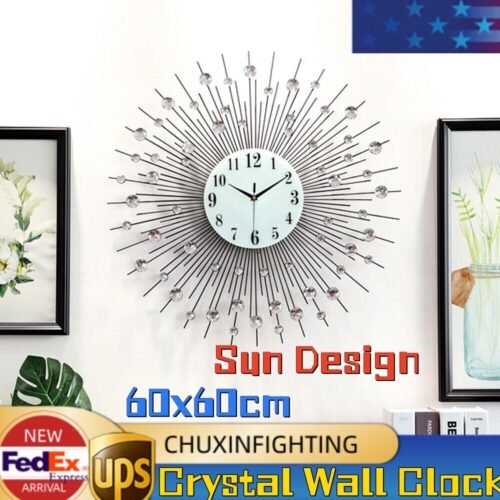 Sun Design Crushed Diamond Crystal Wall Clock 60x60cm Home Decor Large Modern