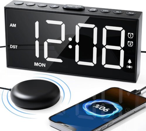Super Loud Alarm Clock with Bed Shaker for Heavy Sleeper,3-Level Vibrating,Large
