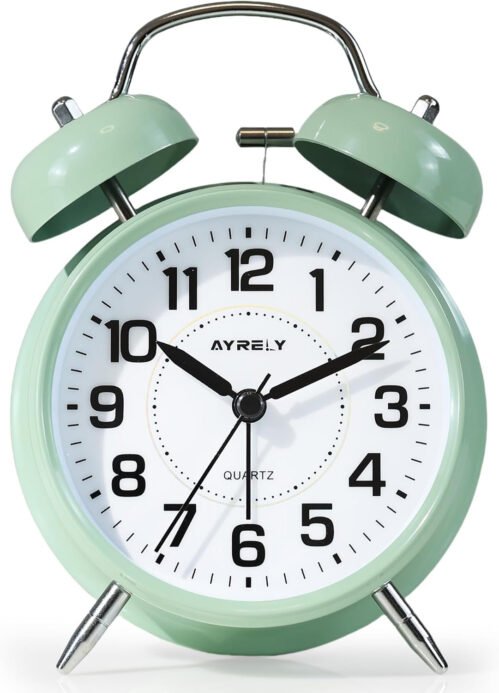 Super Loud Twin Bell Alarm Clock for Heavy Sleepers, 4-Inch Silent (Saga Green)