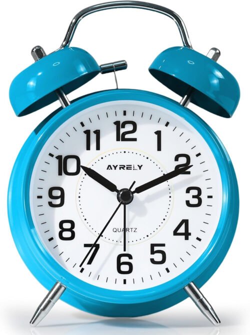 Super Loud Twin Bell Alarm Clock for Heavy Sleepers, 4-Inch Silent (Sky Blue)
