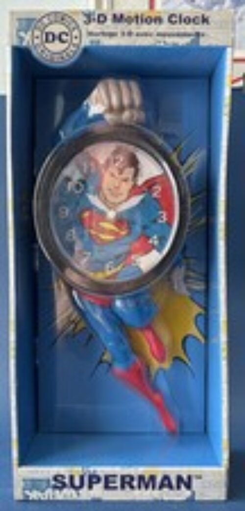 SUPERMAN MOTION WALL CLOCK..13" TALL...(NEW IN BOX)