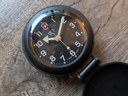 Swiss Army Victorinox Dual Time Travel Alarm Clock Pocket Watch Black
