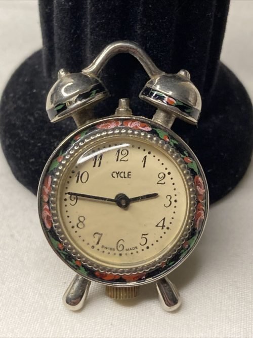 Swiss Made Travel Alarm Clock Pocket Watch Styl Pendant Silver Floral Rare CYCLE