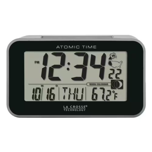 Table Alarm Clock Atomic Digital with Temperature and Moon Phase Plastic Silver