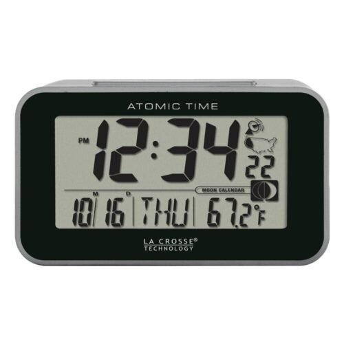 Table Alarm Clock Atomic Digital With Temperature And Moon Phase Plastic Silver