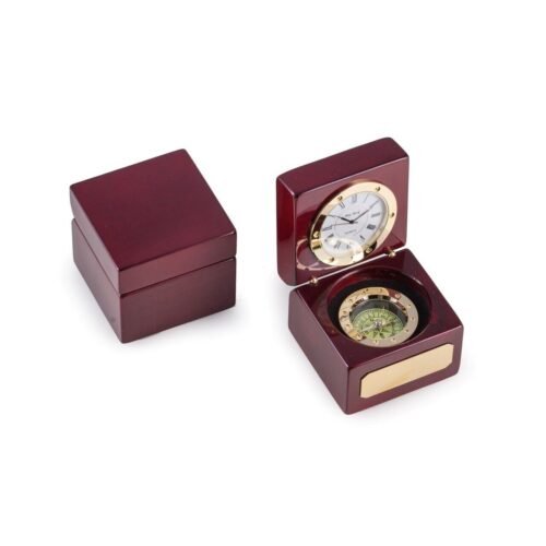 Table Clock And Compass In Lacquered Rosewood Hinged Box SQ567T BRAND NEW