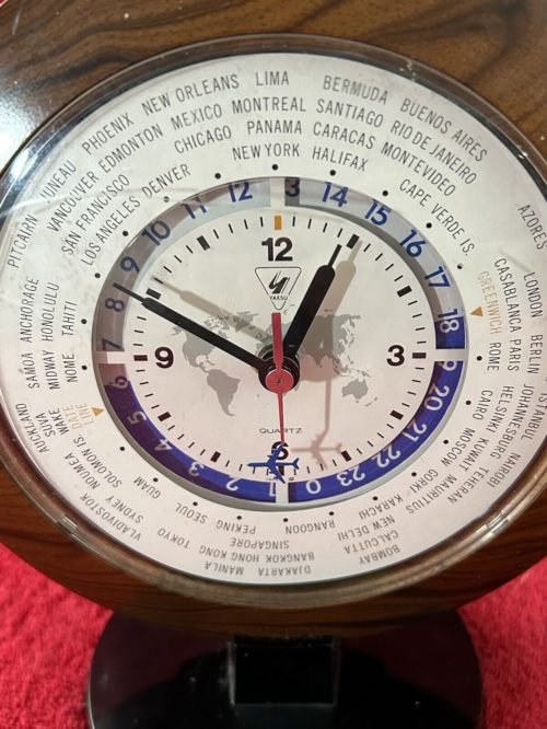 Table top Battery operated Clock WORLD MAP TIME ZONE W PLANE MOVEMENT