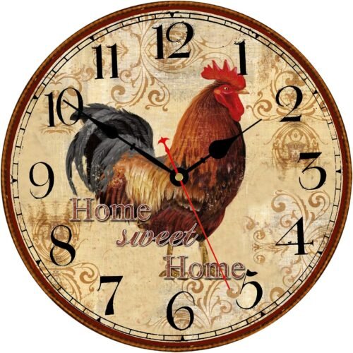 TAHEAT 14 Inch Rustic Rooster Wall Clock Retro Silent Non Ticking Easy to Read