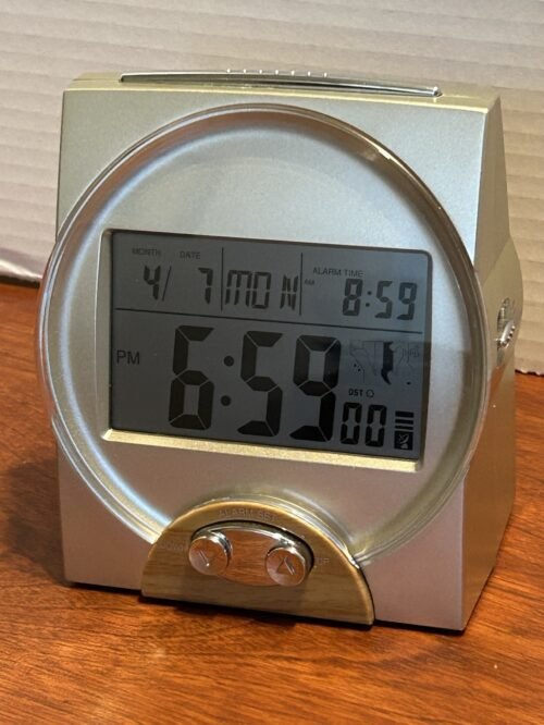 Talking Atomic Alarm Clock Date Calendar Silver Faux Wood Battery Operated