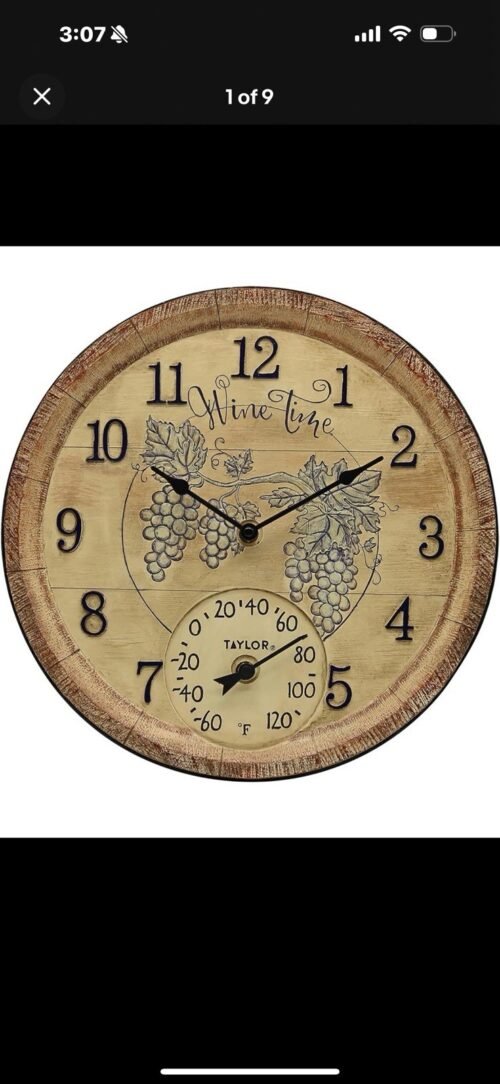 Taylor 14 inch Poly Resin Wine Time Clock with Thermometer