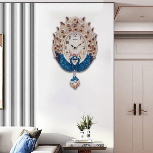 Teal Peacock Pendulum Wall Clock | Elegant Decorative Clock for Living Room, Bed