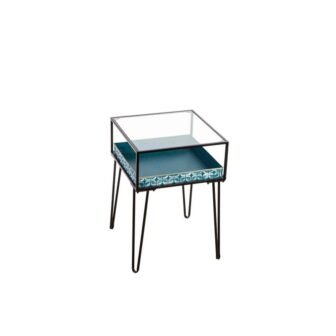 Teal Square Metal and Glass Outdoor Accent Table