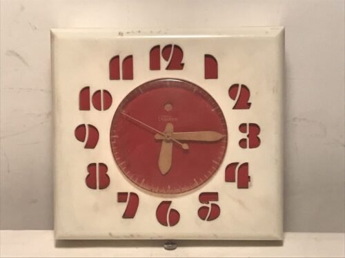 telechron model 2H27 mid century art deco red & white wall clock vintage kitchen