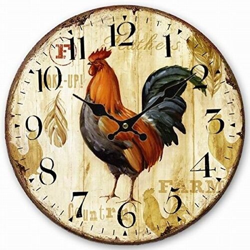 Telisha Wooden Wall Clock Rooster Chicken Clock Retro Vintage Large Clock Home