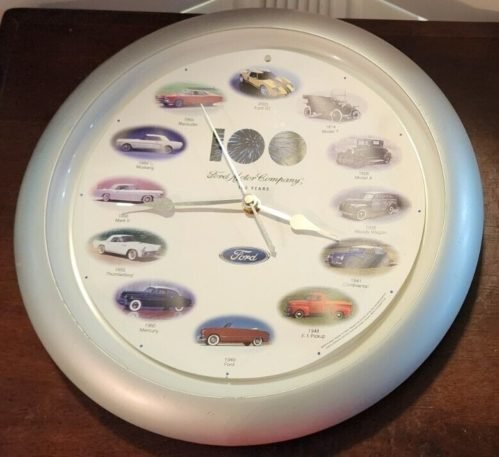 TESTED Vtg 2003 FORD MOTOR COMPANY 13” WALL CLOCK WITH 100 YEARS OF CAR SOUNDS