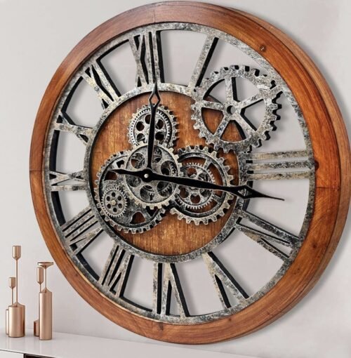 The B-Style Large 30 Inch Moving Gear Wall Clock Oversized Industrial Wood Frame
